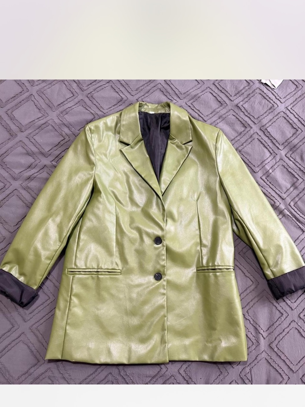 Olive Green Faux Leather Blazer Jacket